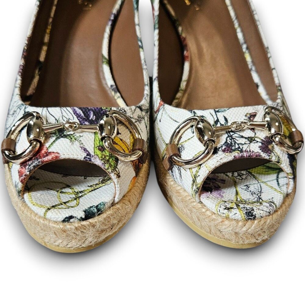 Gucci Flora Horsebit Canvas Espadrille Peep Toe Wedges Size EU 36 / US 5.5 - Picture 6 of 14